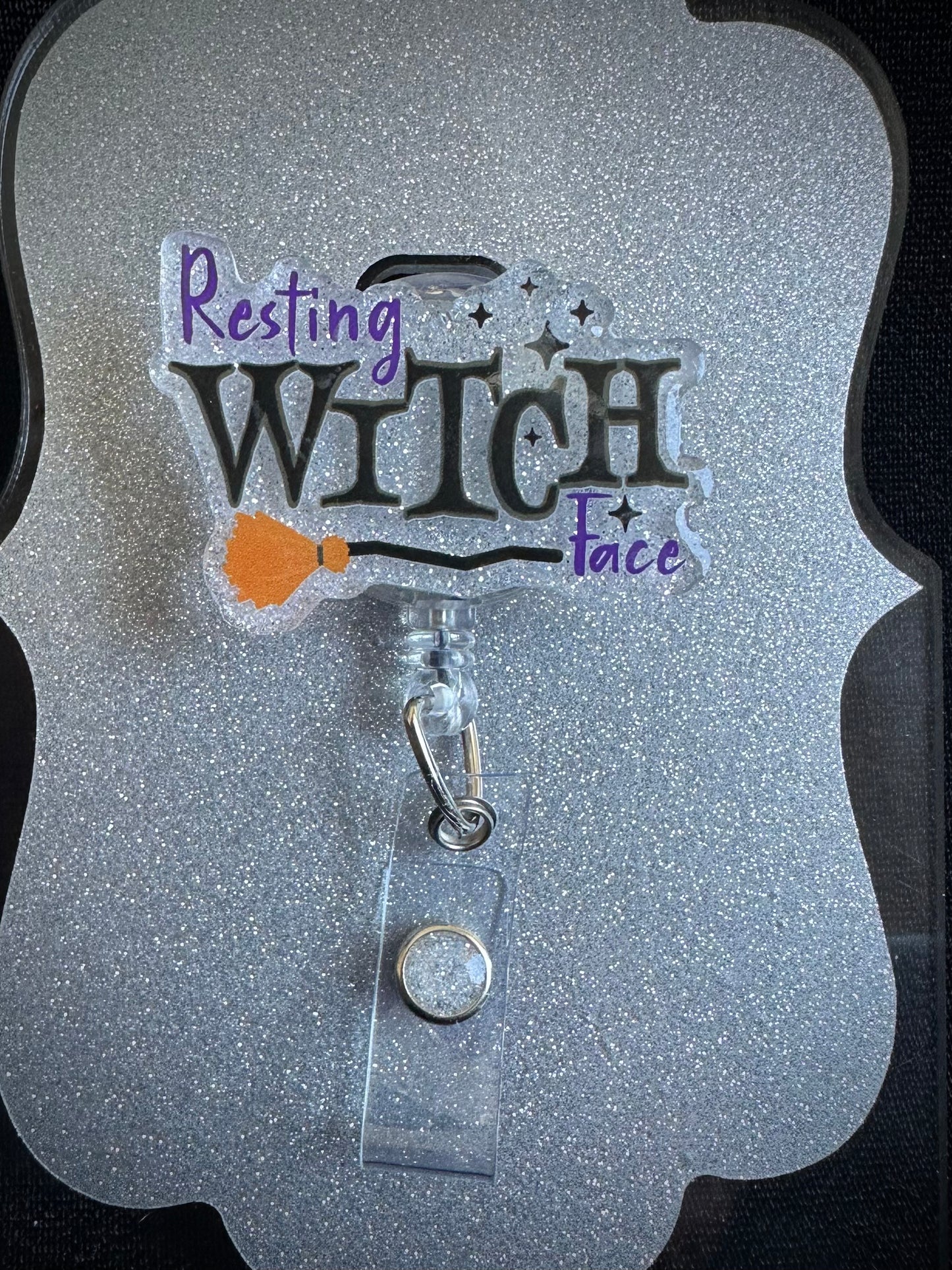 Resting Witch Face Halloween Badge Reel, Cute Nurse, Teacher or Office Staff Gift, Retractable Alligator Clip