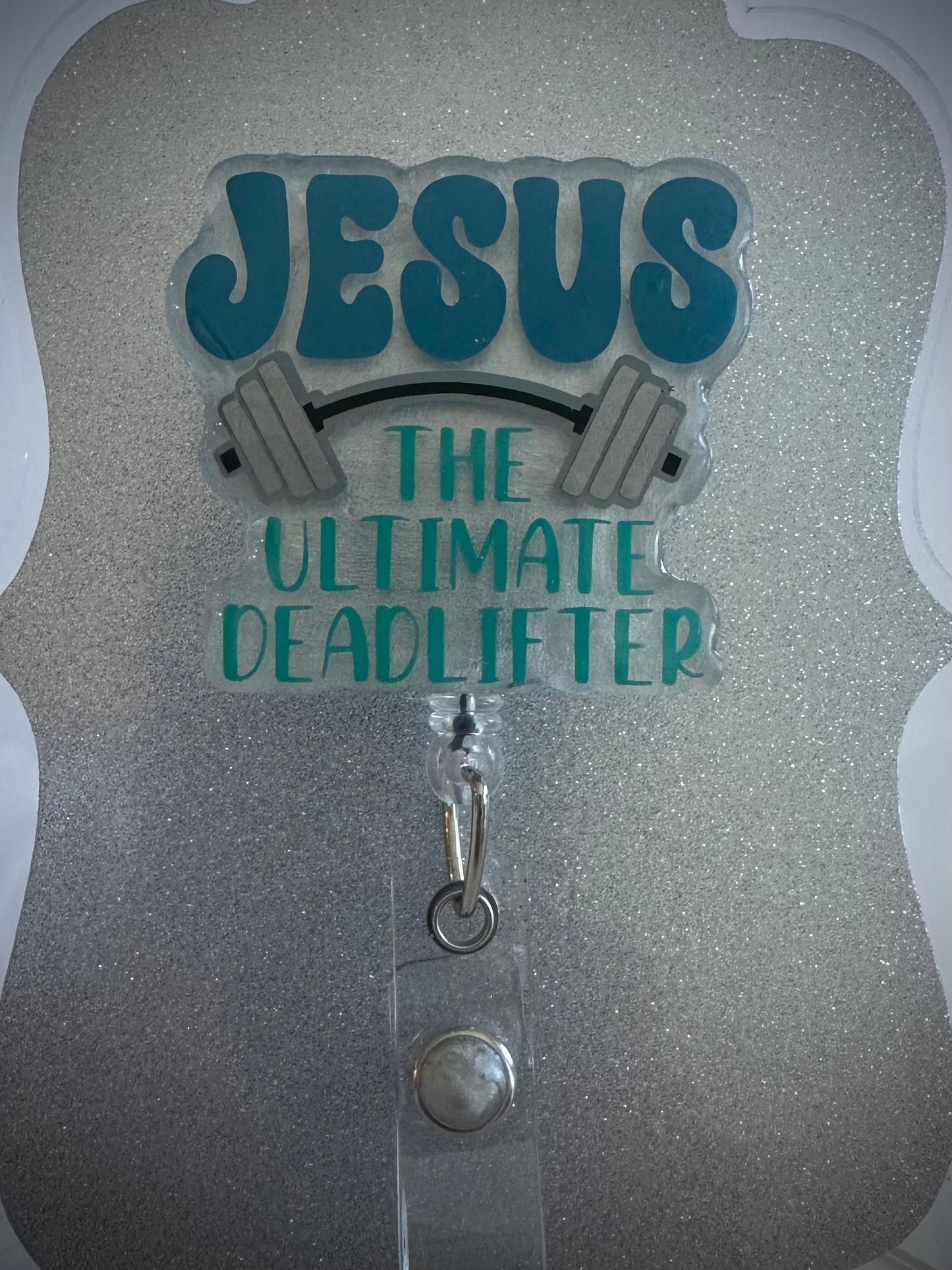 Jesus The Ultimate Deadlifter Badge Reel, Funny Nurse or Office Staff Gift, Retractable Alligator Clip