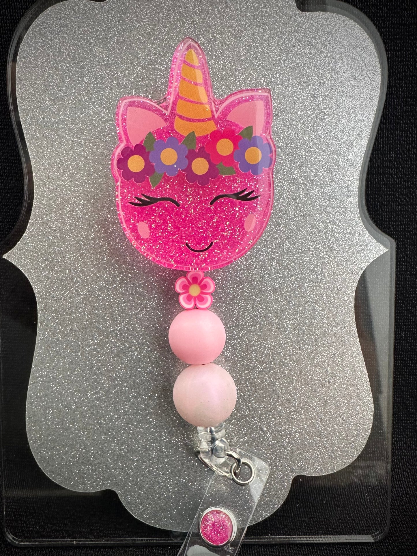 Floral Unicorn Badge Reel with beads, Cute Nurse, Teacher or Office Staff Gift, Retractable Alligator Clip