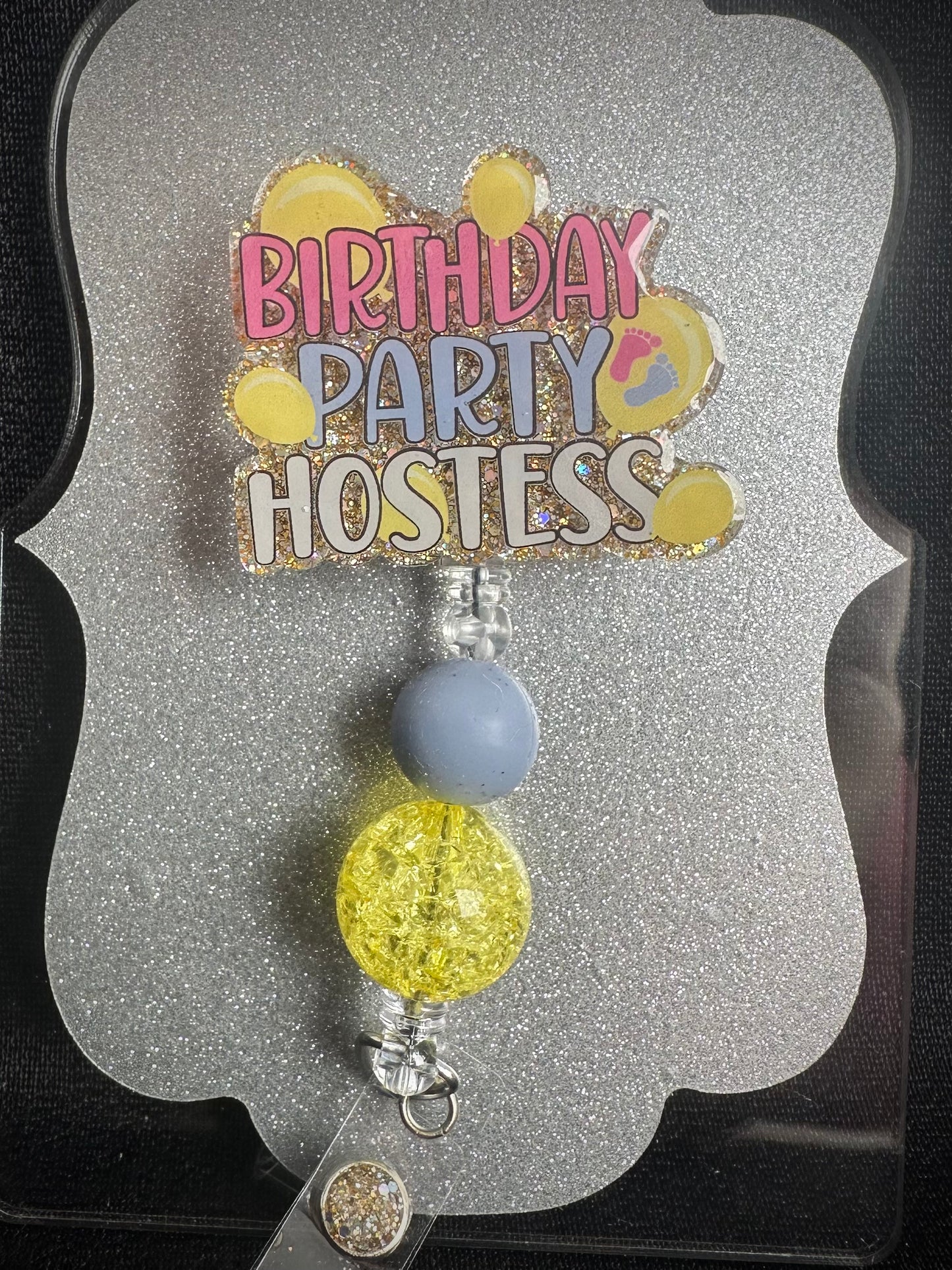 Birthday Party Hostess Badge Reel with beads, Funny OB Nurse or Office Staff Gift, Retractable Alligator Clip