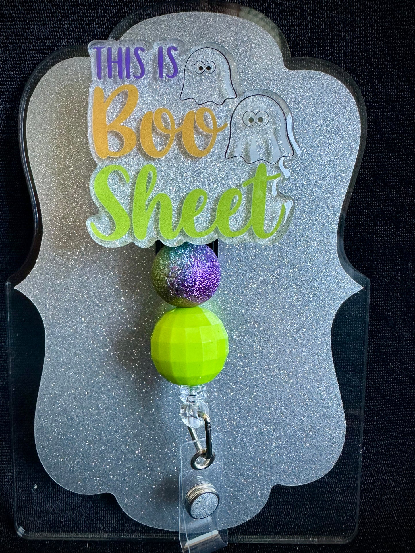 This is Boo Sheet Halloween Badge Reel with beads, Funny Nurse or Office Staff Gift, Retractable Alligator Clip