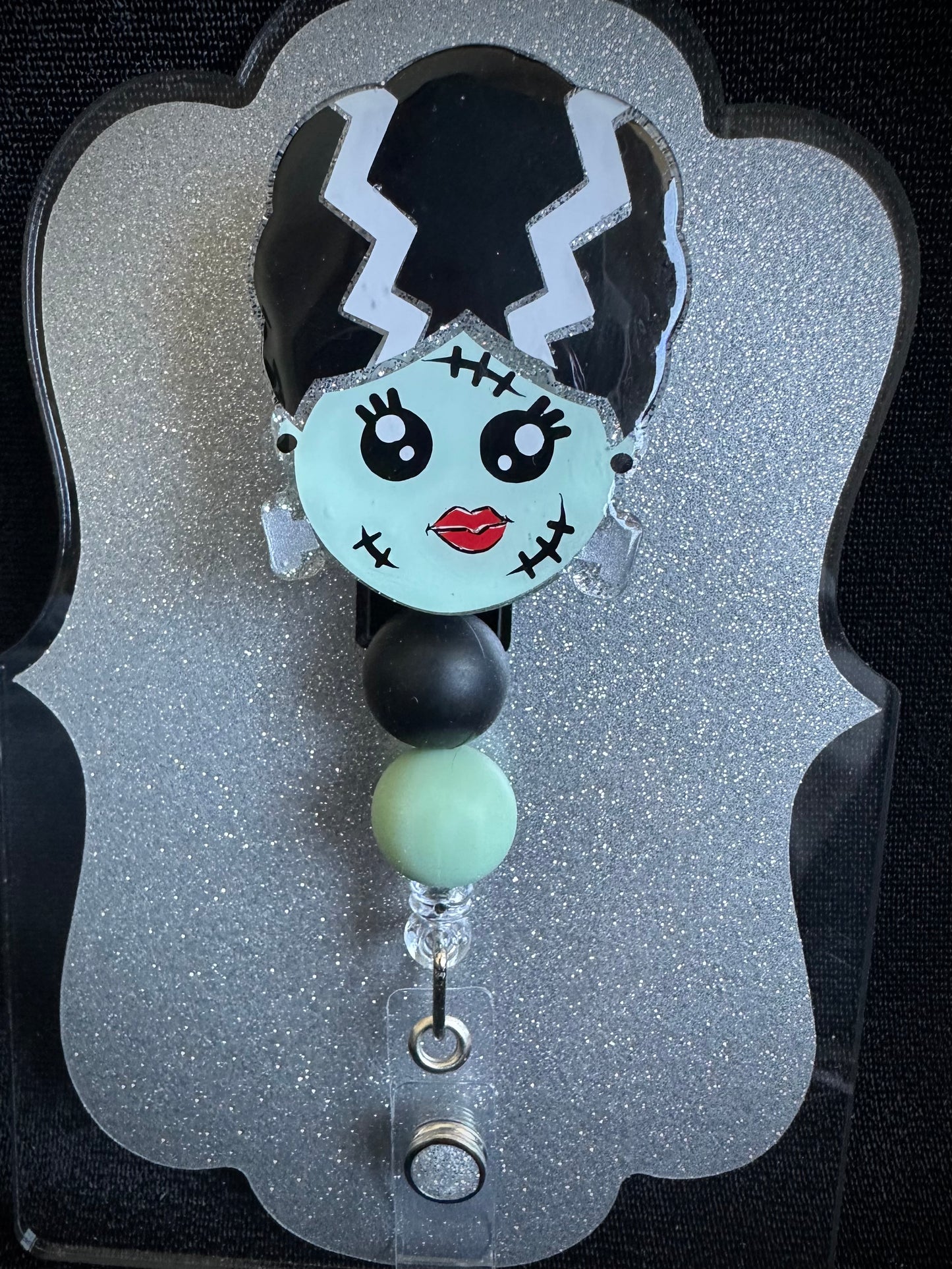 Bride of Frankenstein Halloween Badge Reel with beads, Cute Nurse, Teacher or Office Staff Gift, Retractable Alligator Clip