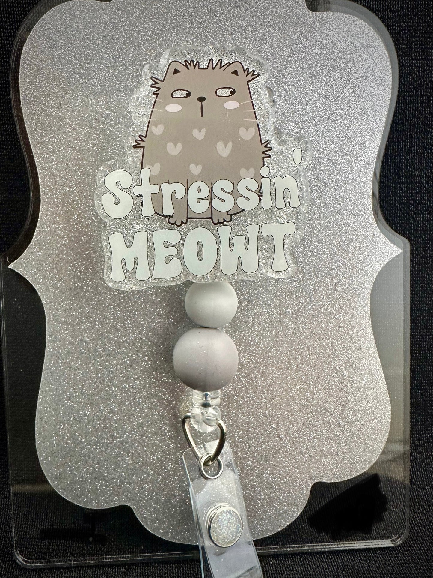 Stressin' MEOWT Badge Reel with beads, Funny Nurse, Teacher or Office Staff Gift, Retractable Alligator Clip