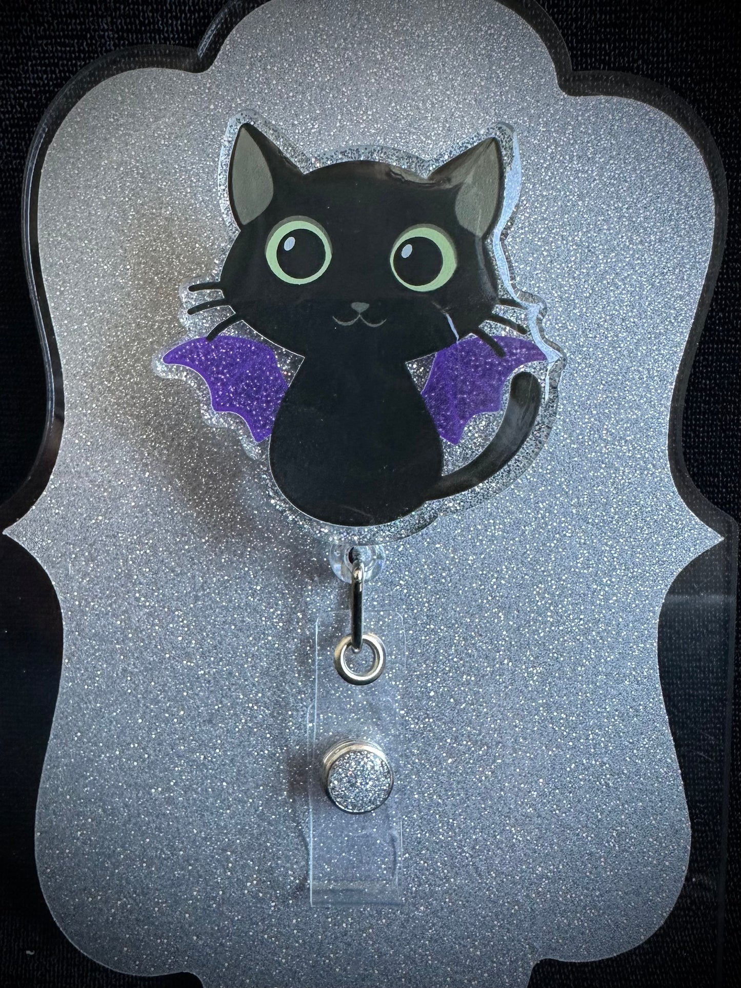 Bat Cat Halloween Badge Reel, Funny Nurse, Teacher or Office Staff Gift, Retractable Alligator Clip