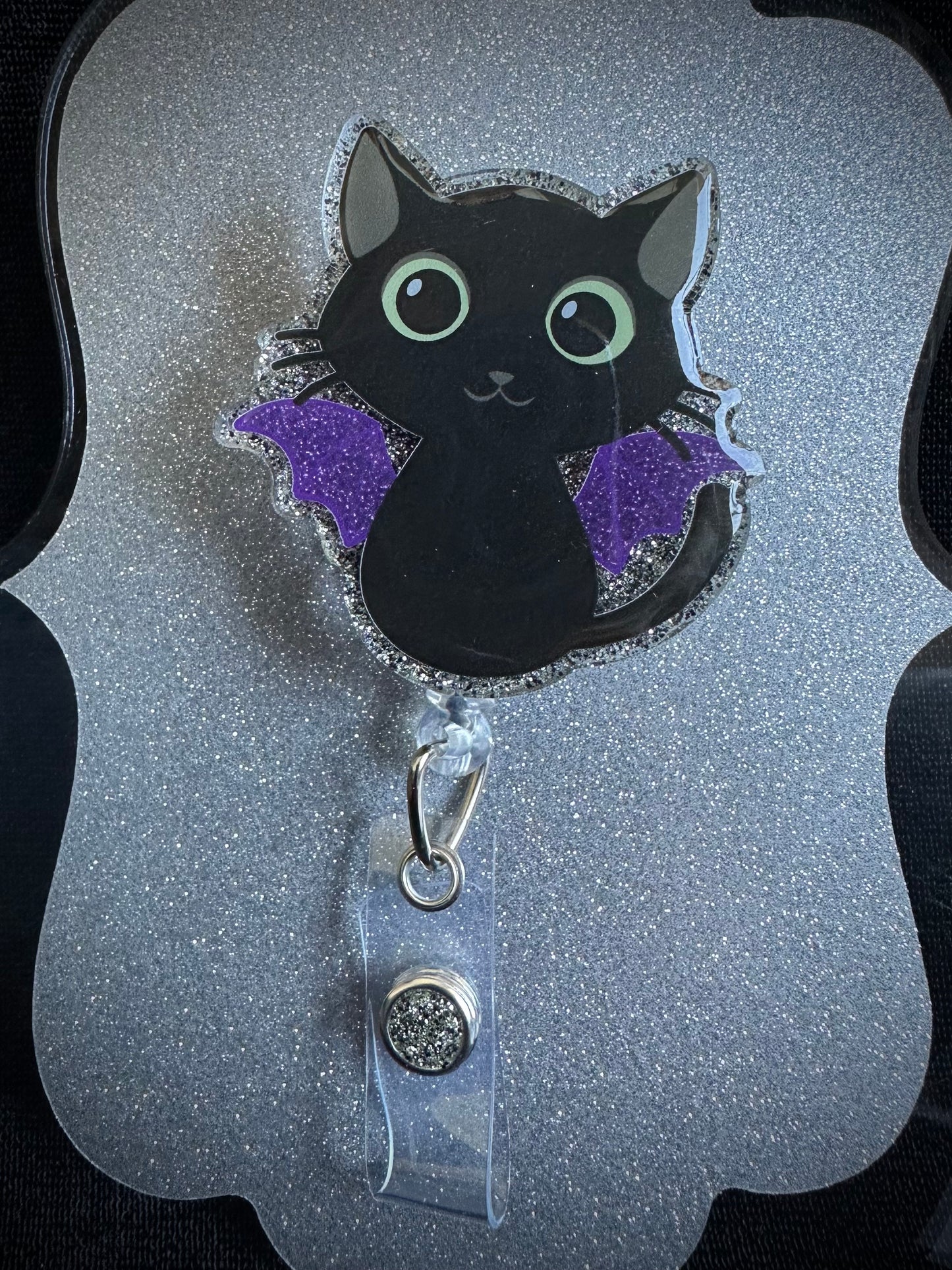 Bat Cat Halloween Badge Reel, Funny Nurse, Teacher or Office Staff Gift, Retractable Alligator Clip