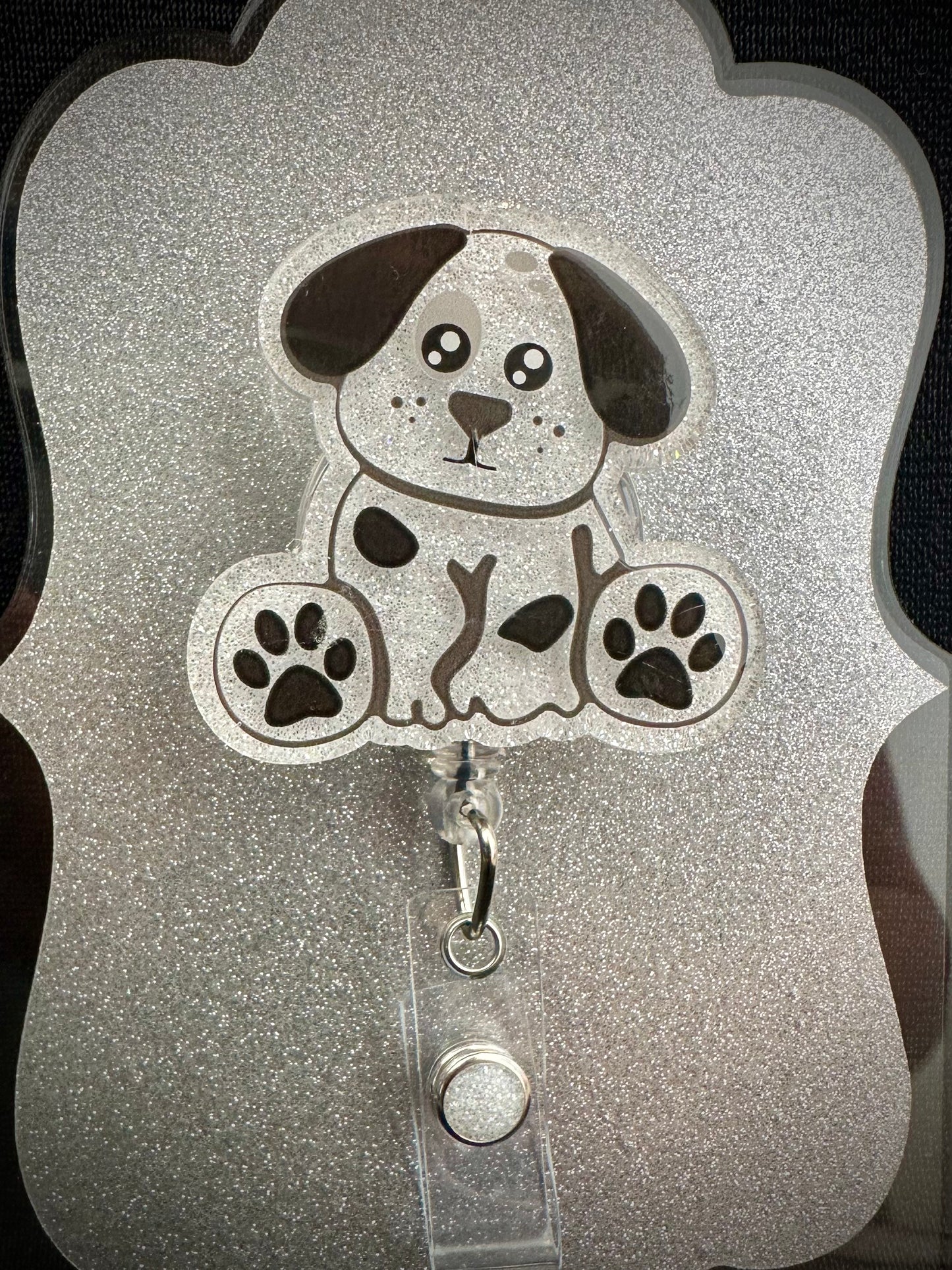 Sitting Dog Badge Reel, Beautiful Nurse, CNA or Office Staff Gift, Retractable Alligator Clip