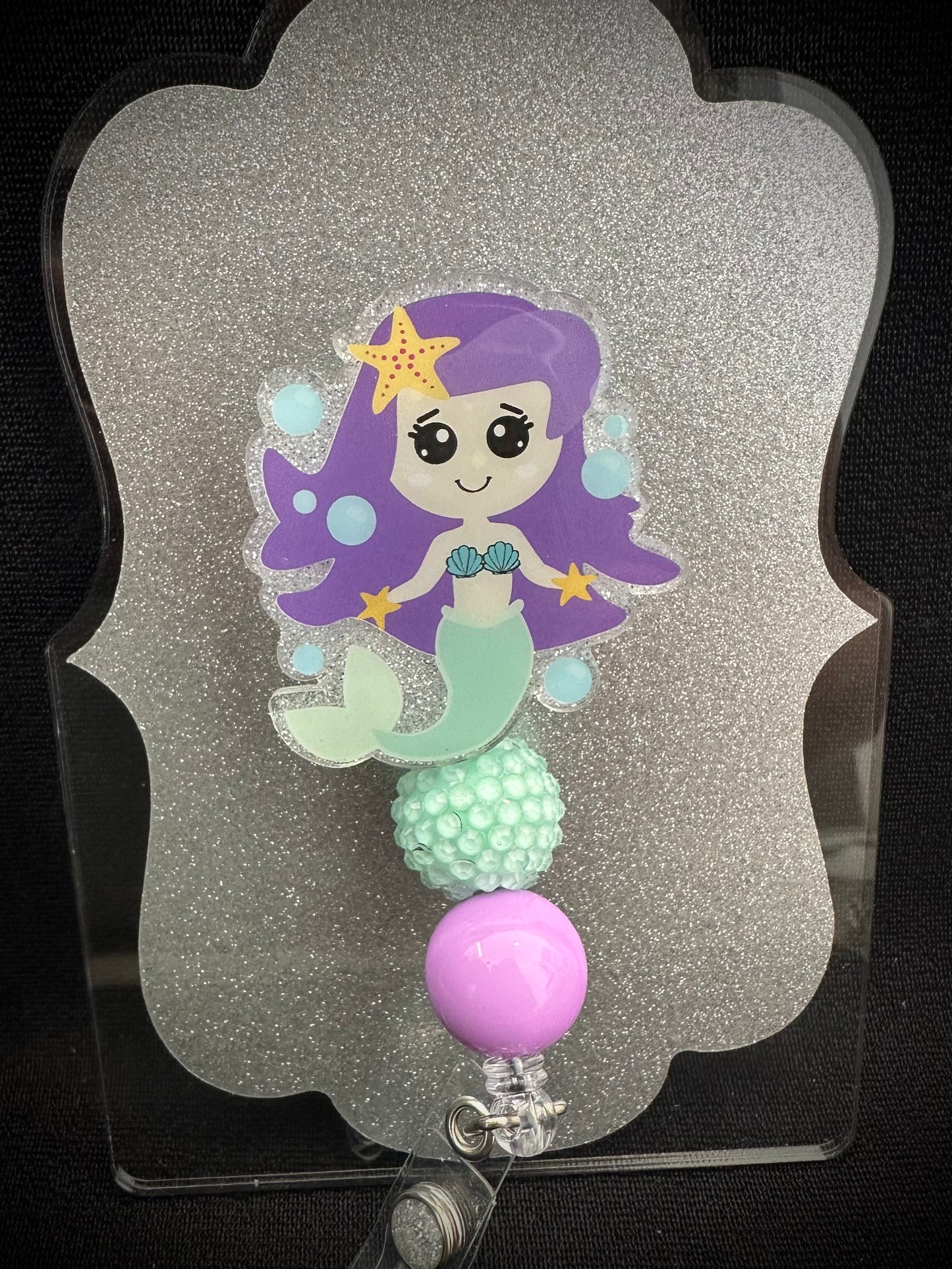 Mermaid Badge Reel with beads, Beautiful Nurse, Teacher or Office Staff Gift, Retractable Alligator Clip