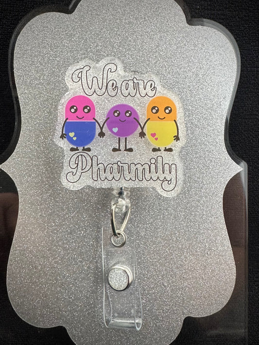 We Are Pharmily Badge Reel, Funny Pharmacist, Pharmacy Tech or Office Staff Gift, Retractable Alligator Clip