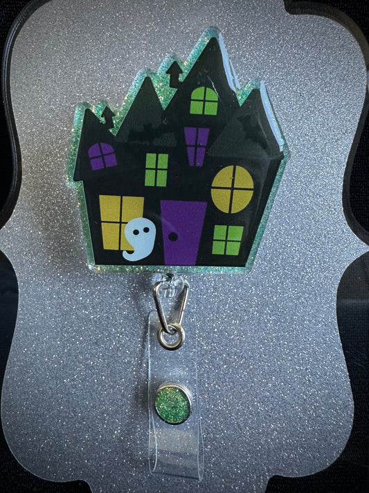 Haunted House Halloween Badge Reel, Funny Nurse, Teacher or Office Staff Gift, Retractable Alligator Clip