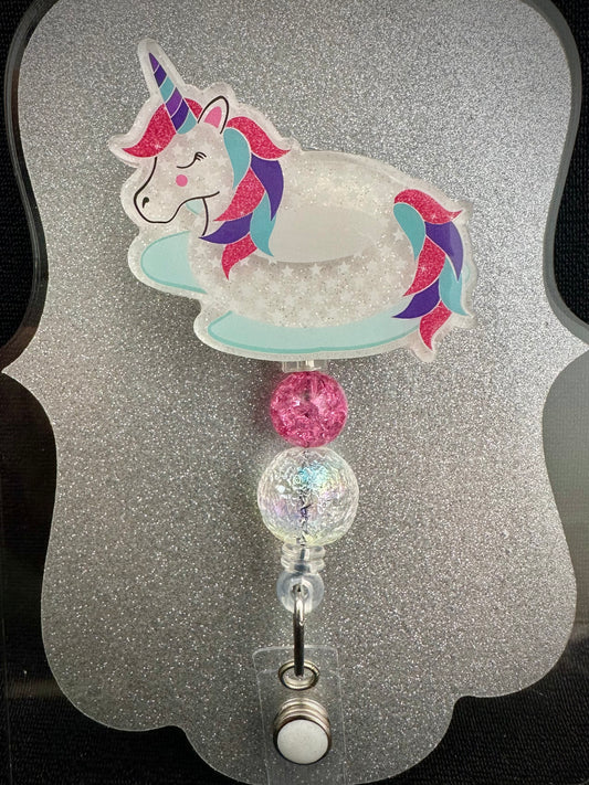 Unicorn Floatie Badge Reel with beads, Cute Nurse, Teacher or Office Staff Gift, Retractable Alligator Clip
