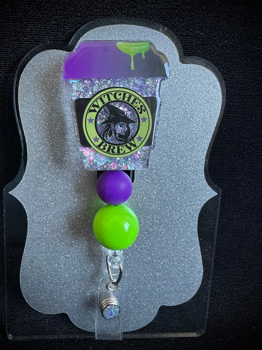 Witches Brew Halloween Badge Reel with beads, Funny Nurse, Teacher or Office Staff Gift, Retractable Alligator Clip