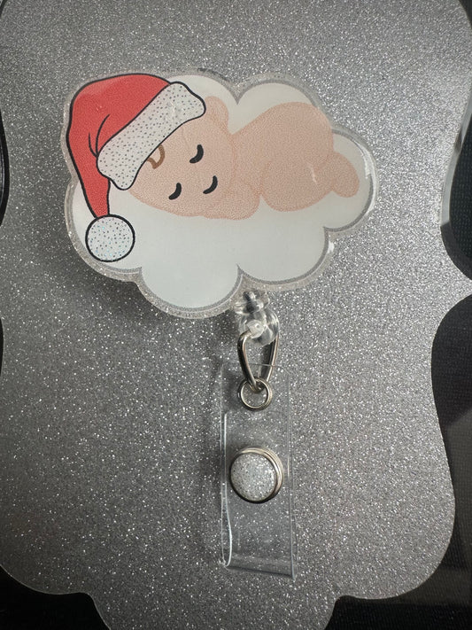 Sleeping Santa Baby in Cloud Badge Reel, Cute Labor and Delivery Nurse or Office Staff Gift, Retractable Alligator Clip