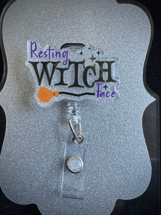 Resting Witch Face Halloween Badge Reel, Cute Nurse, Teacher or Office Staff Gift, Retractable Alligator Clip