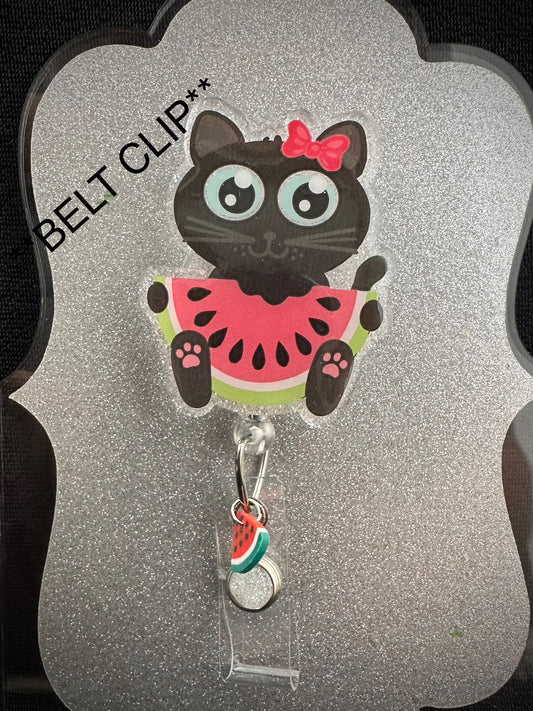 Watermelon Cat Badge Reel, Cute Nurse, Teacher or Office Staff Gift, Retractable BELT CLIP