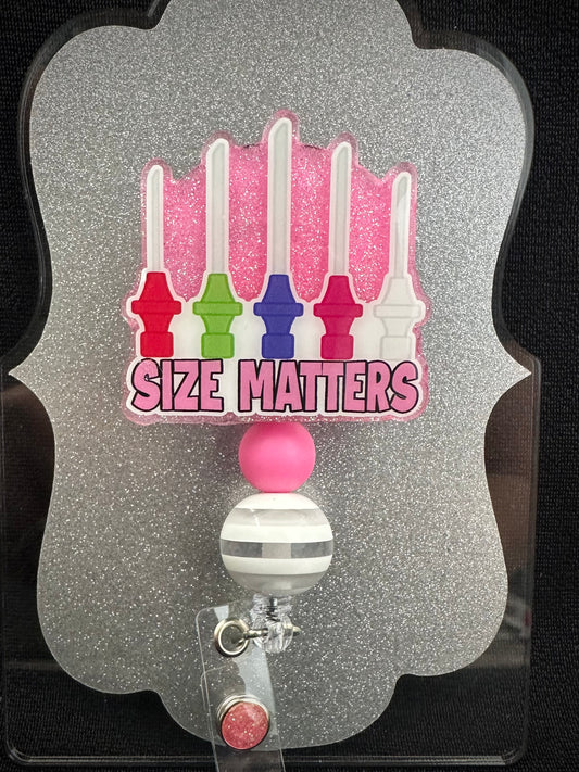 Size Matters Badge Reel with beads, Funny Nurse or Office Staff Gift, Retractable Alligator Clip