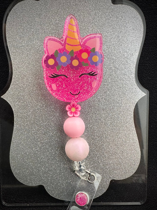 Floral Unicorn Badge Reel with beads, Cute Nurse, Teacher or Office Staff Gift, Retractable Alligator Clip