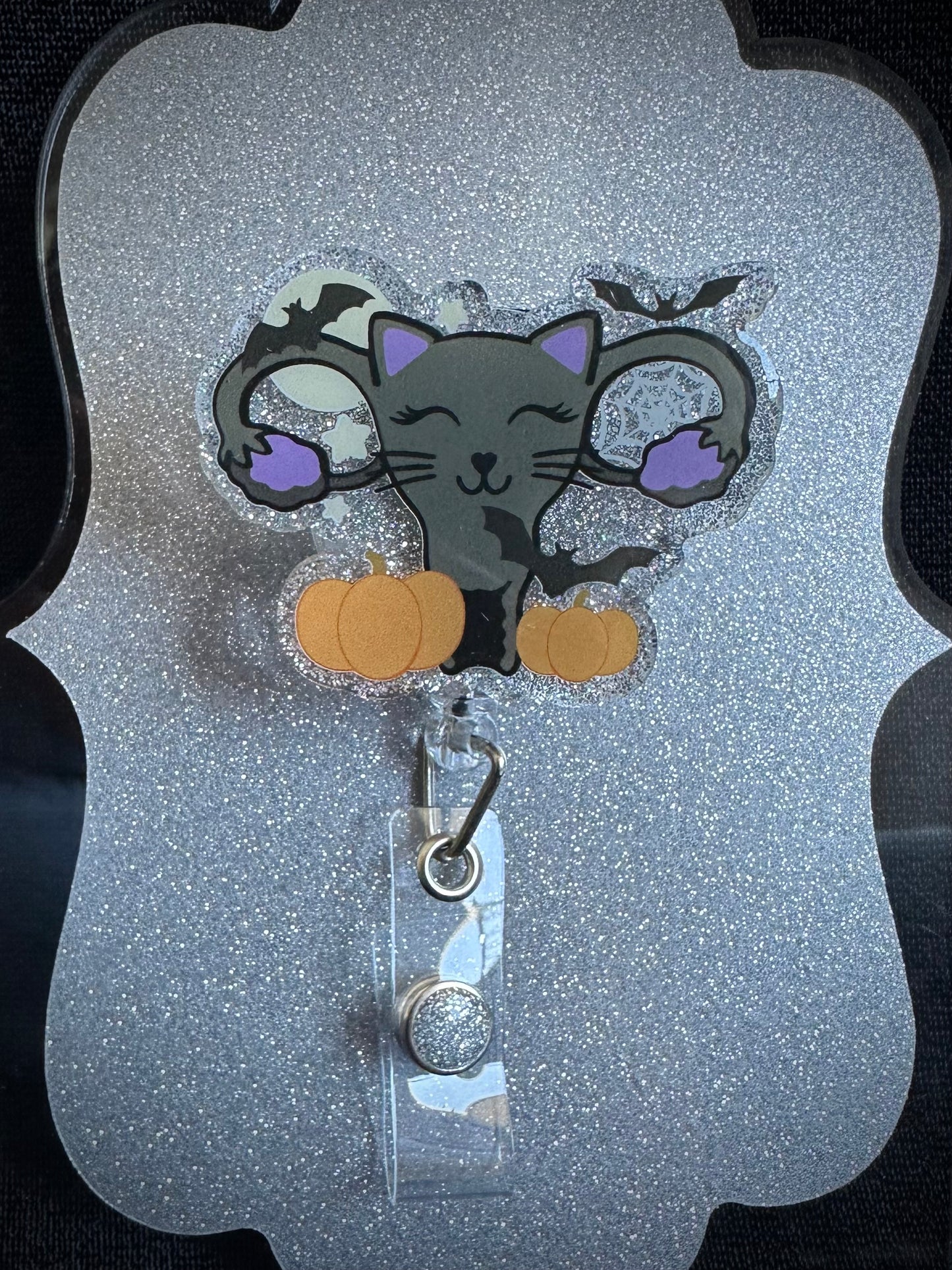 Cat Uterus Halloween Badge Reel, Cute Nurse, OBGYN or Office Staff Gift, Retractable Alligator Clip