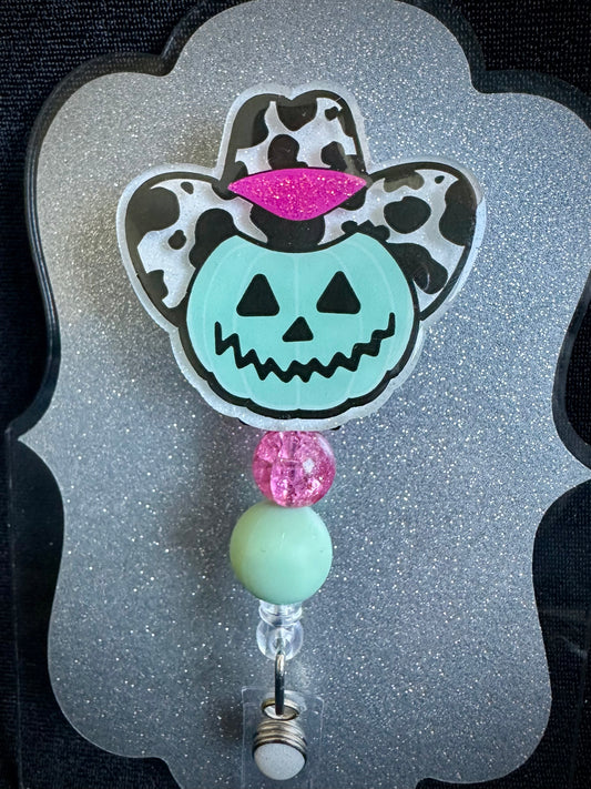 Cowboy Pumpkin Halloween Badge Reel with beads, Cute Nurse, Teacher or Office Staff Gift, Retractable Alligator Clip