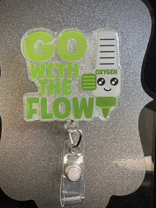Go With The Flow Respiratory Badge Reel, Cute Respiratory Therapist or Anesthesia Staff Gift, Retractable Alligator Clip