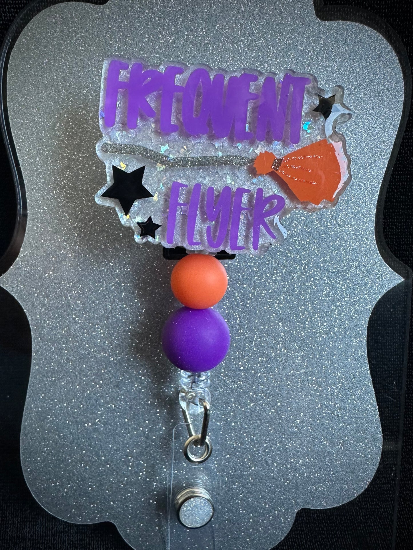 Frequent Flyer Halloween Badge Reel with beads, Funny Nurse, Teacher or Office Staff Gift, Retractable Alligator Clip