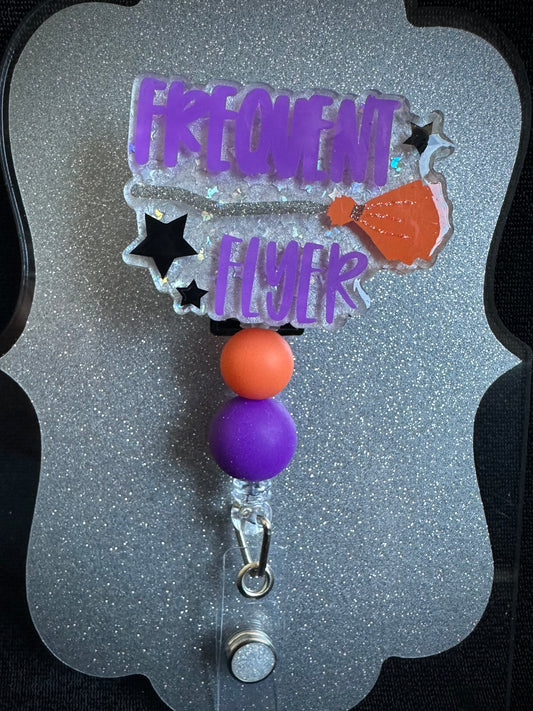 Frequent Flyer Halloween Badge Reel with beads, Funny Nurse, Teacher or Office Staff Gift, Retractable Alligator Clip