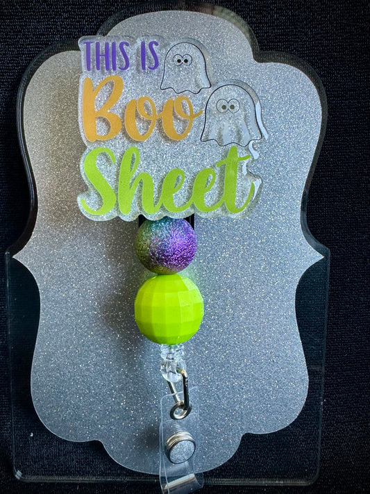 This is Boo Sheet Halloween Badge Reel with beads, Funny Nurse or Office Staff Gift, Retractable Alligator Clip