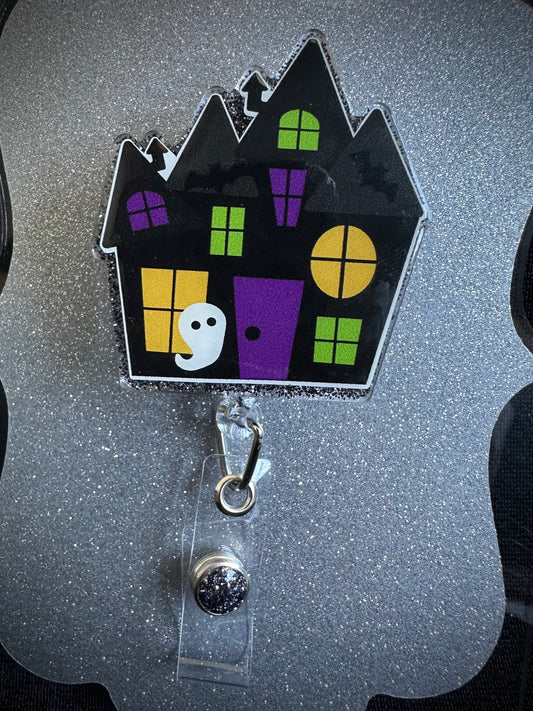 Haunted House Halloween Badge Reel, Funny Nurse, Teacher or Office Staff Gift, Retractable Alligator Clip