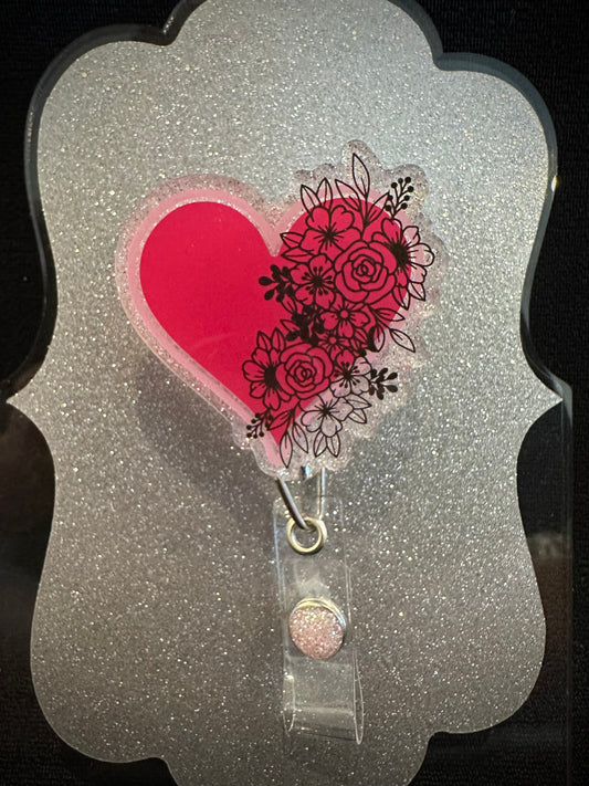 Floral Heart Badge Reel, Beautiful Nurse or Office Staff Gift, Retractable Alligator Clip