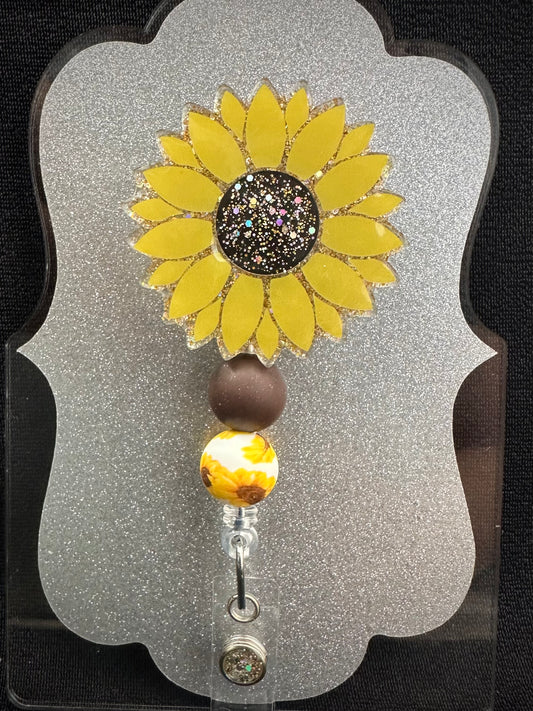 Sunflower Badge Reel with beads, Beautiful Nurse, Teacher or Office Staff Gift, Retractable Alligator Clip