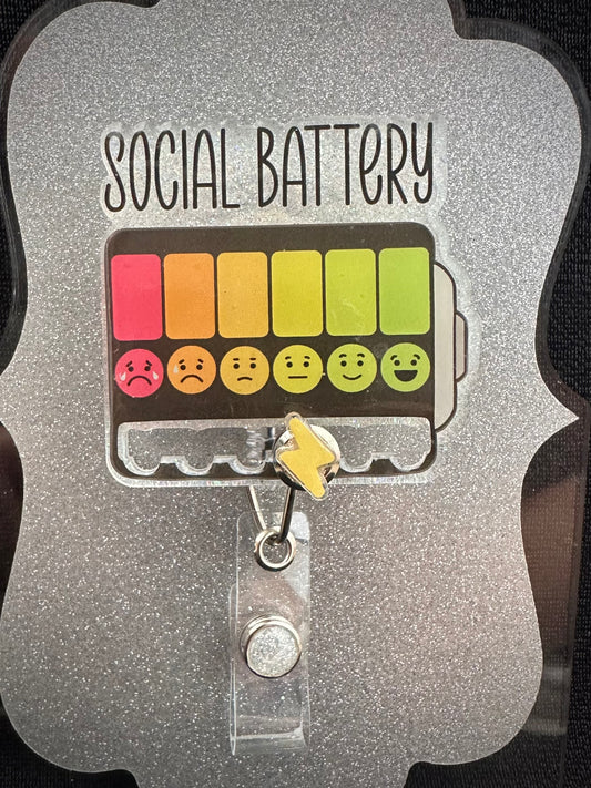 Social Battery Badge Reel with slider, Cute Nurse, Teacher or Office Staff Gift, Retractable Alligator Clip