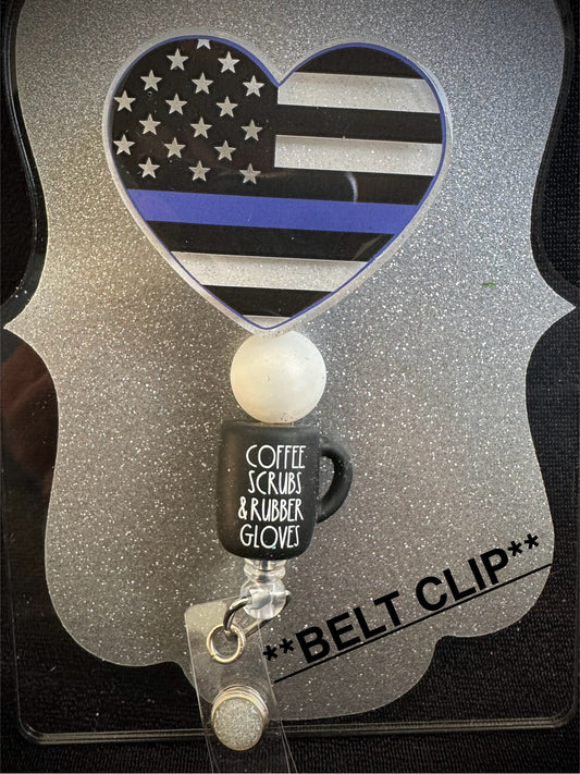 Thin Blue Line (Back the Blue)Heart Badge Reel with beads, Beautiful Nurse or Office Staff Gift, Retractable BELT Clip