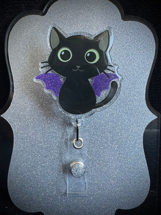 Bat Cat Halloween Badge Reel, Funny Nurse, Teacher or Office Staff Gift, Retractable Alligator Clip