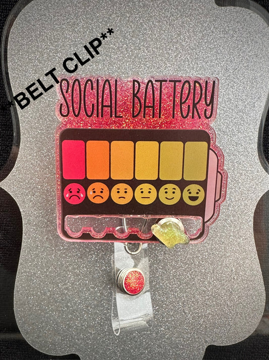 Social Battery Badge Reel with slider, Cute Nurse, Teacher or Office Staff Gift, BELT Clip