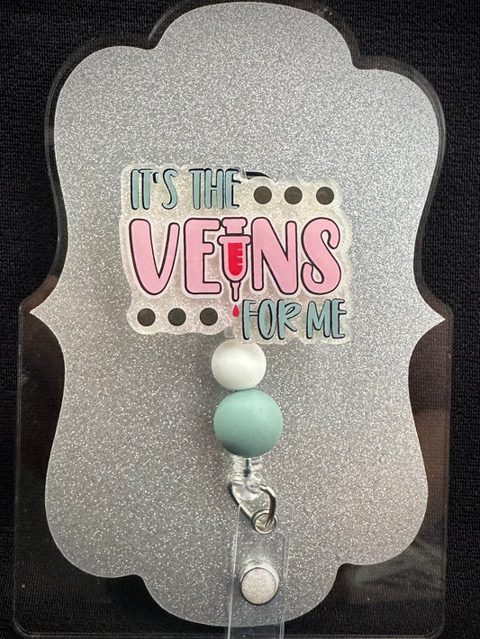 It's The Veins for Me Badge Reel with beads, Funny Nurse or Office Staff Gift, Retractable Alligator Clip
