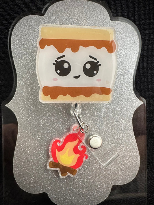 Smores Badge Reel with Campfire Charm, Funny Nurse or Office Staff Gift, Retractable Alligator Clip