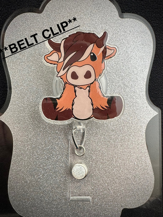 Sitting Highland Cow Badge Reel, Cute Nurse, Teacher or Office Staff Gift, Retractable BELT CLIP