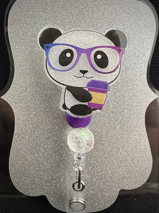 Panda with Coffee Badge Reel with beads, Beautiful Nurse, Teacher or Office Staff Gift, Retractable Alligator Clip