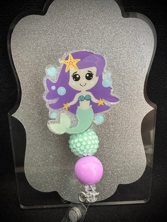 Mermaid Badge Reel with beads, Beautiful Nurse, Teacher or Office Staff Gift, Retractable Alligator Clip