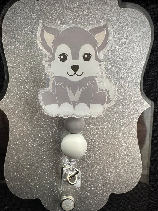 Sitting Wolf Badge Reel, Cute Nurse, Teacher or Office Staff Gift, Retractable Alligator Clip